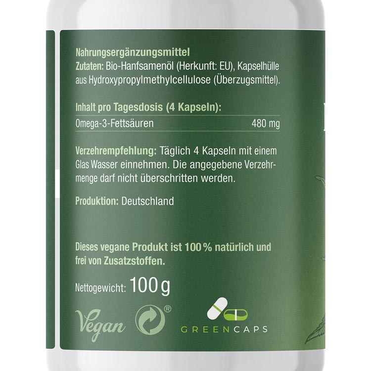 Grüne Verpackung eines veganen Nahrungsergänzungsmittels mit Bio-Hanfsamenöl und Omega-3-Fettsäuren, hergestellt in Deutschland, 100 g