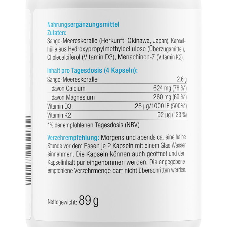 Produktetikett von Sango-Meereskoralle Kapseln, zeigt Inhaltsstoffe und Verzehrempfehlung.