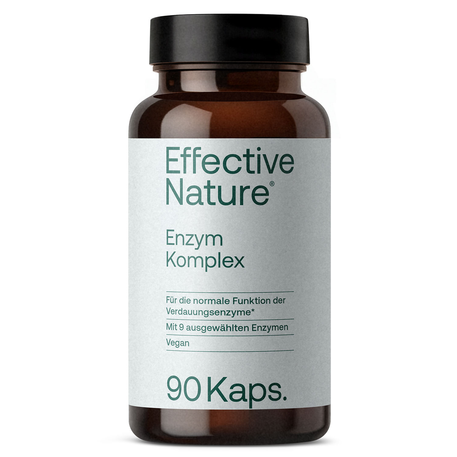 Effective Nature Enzym Komplex 90 Kapseln - Unterstützt Verdauungsfunktion mit 9 Enzymen Braunglas-Flasche von Effective Nature mit Etikett für Enzym Komplex, enthält 90 vegane Kapseln zur Unterstützung der Verdauung