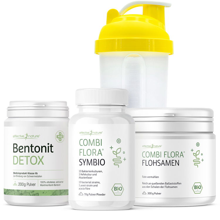 Set bestehend aus Bentonit Detox Pulver, Combi Flora Symbio, Combi Flora Flohsamen und einem gelben Shaker