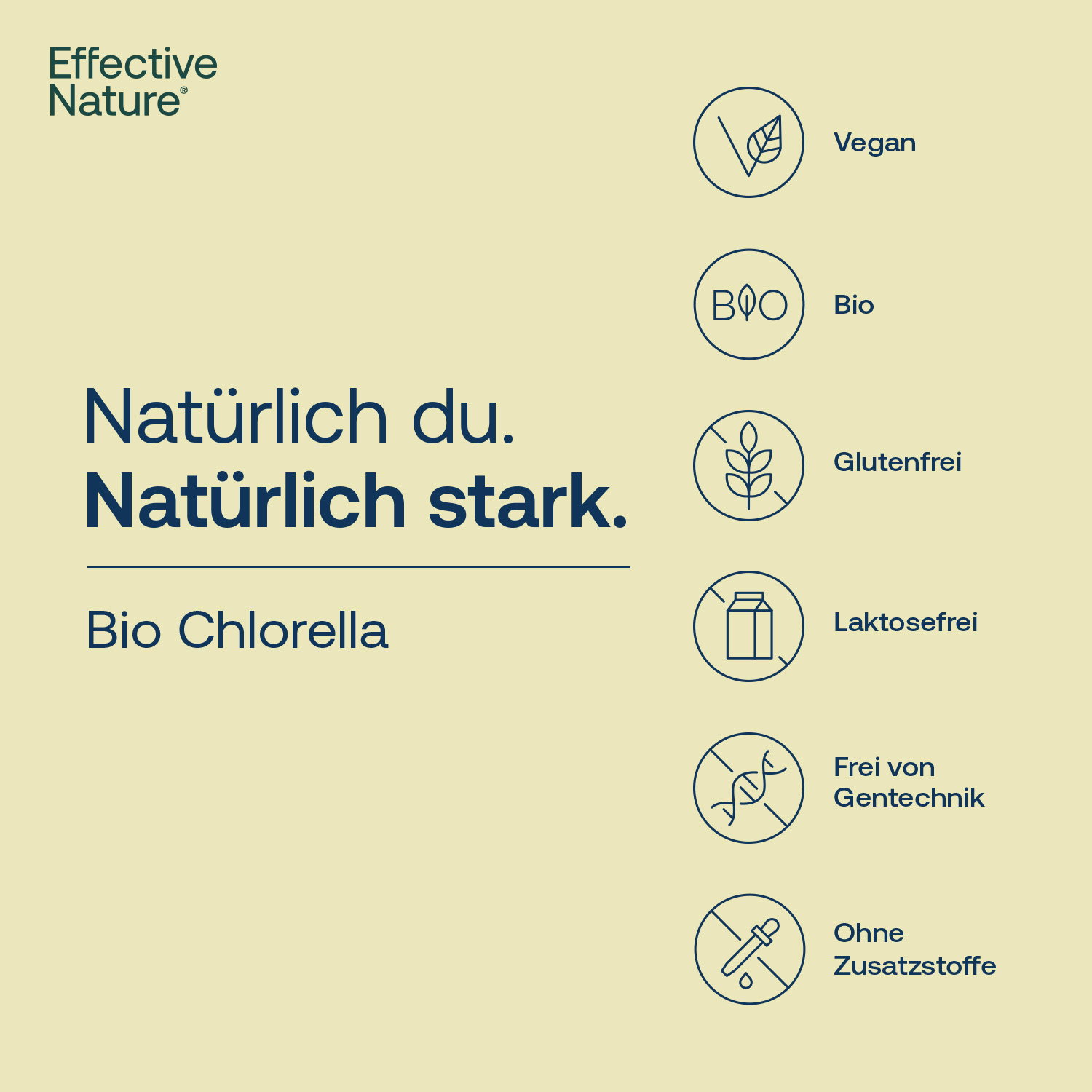 Bio Chlorella mit Icons zu vegan, bio, glutenfrei, laktosefrei, ohne Gentechnik und ohne Zusatzstoffe