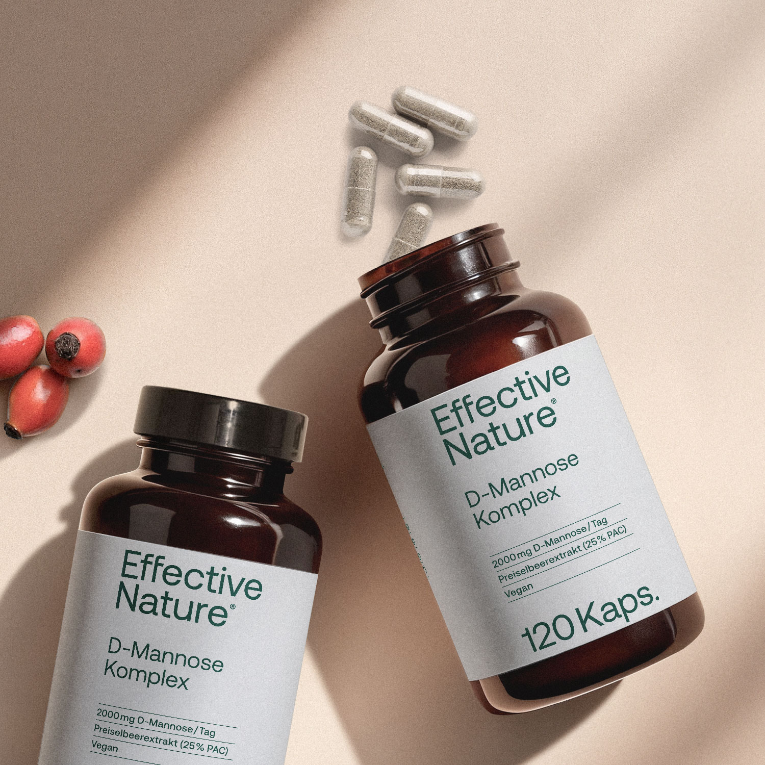 Flaschen Effective Nature D-Mannose Komplex mit Kapseln und Preiselbeeren, 120 Kapseln, vegan