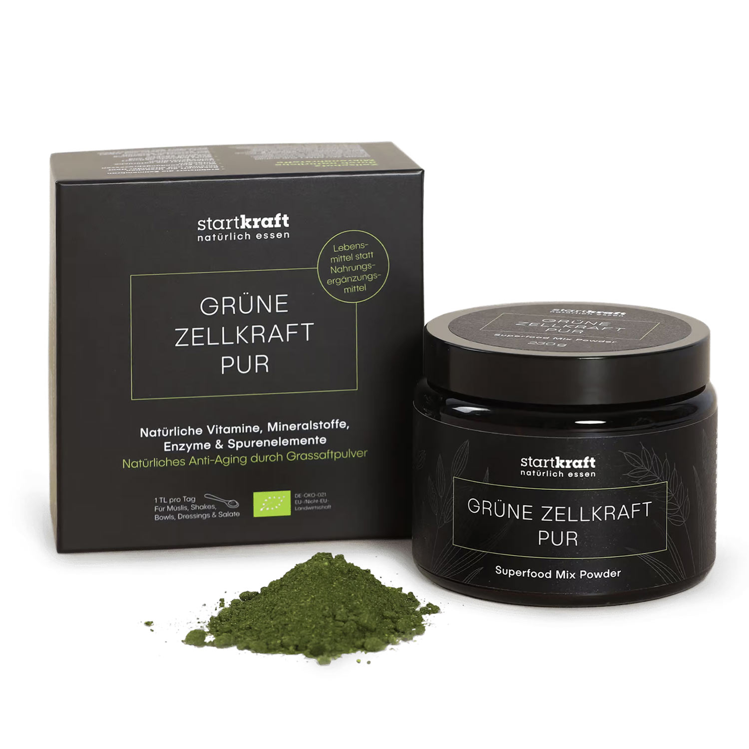 Startkraft Grüne Zellkraft Pur, natürliches Anti-Aging Superfood mit Vitaminen, Mineralstoffen und Enzymen in Pulverform, ideal für Smoothies und Bowls.