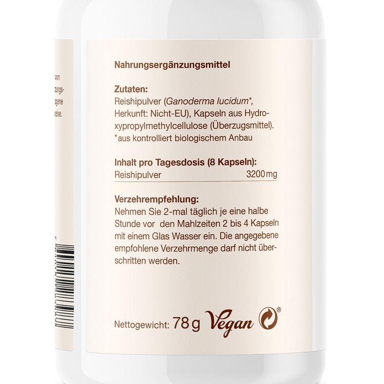 Etikett eines Nahrungsergänzungsmittels mit Reishipulver, vegan, 78g. Zutaten und Verzehrempfehlung sind angegeben.