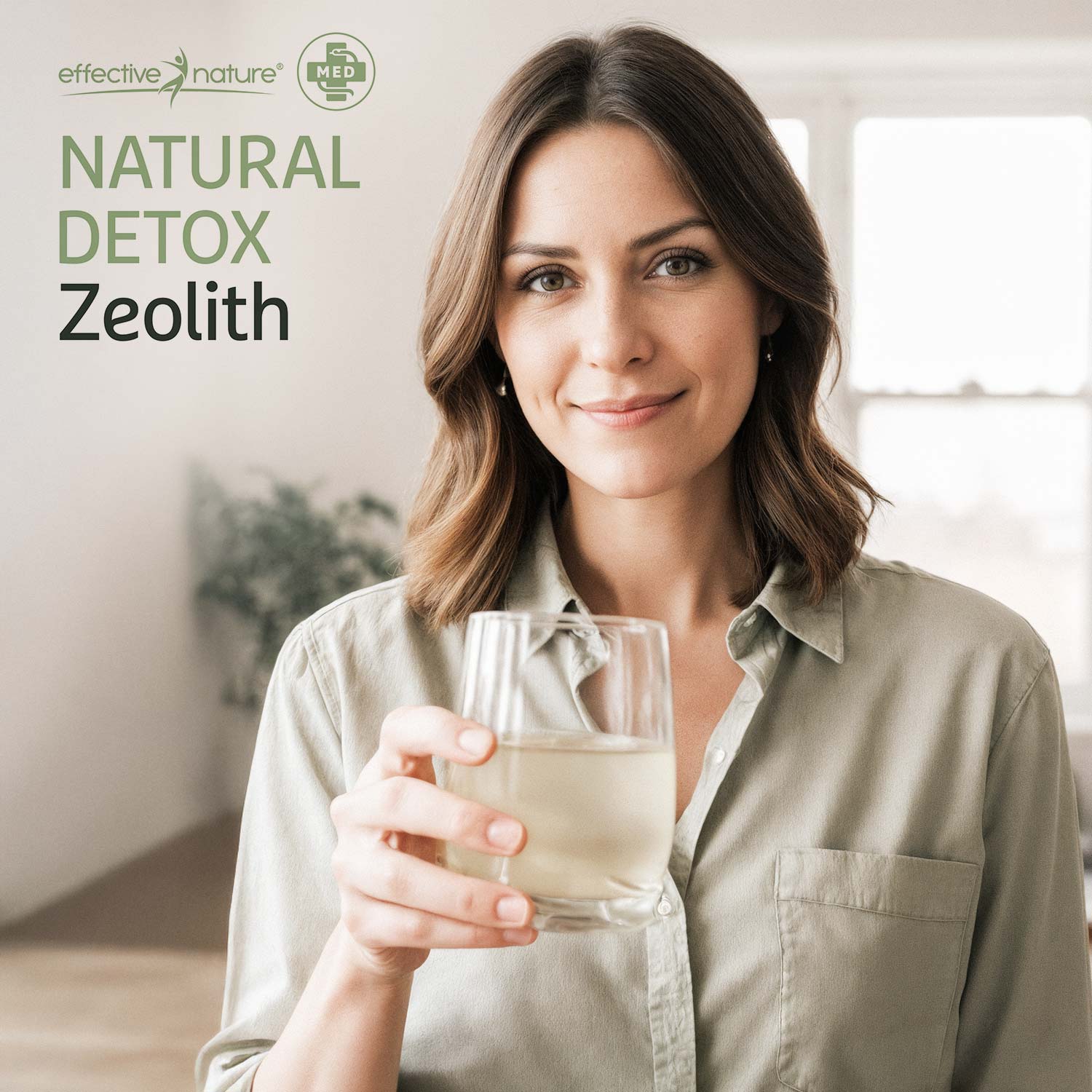 Frau trinken Zeolith-Getränk für natürliche Detox-Kur