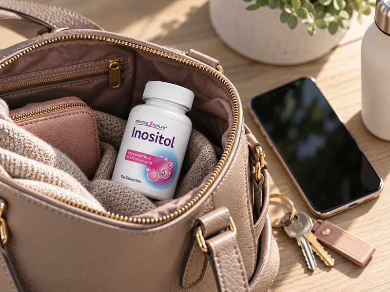 Dose Inositol Tabletten in einer Handtasche, daneben Smartphone und Schlüssel