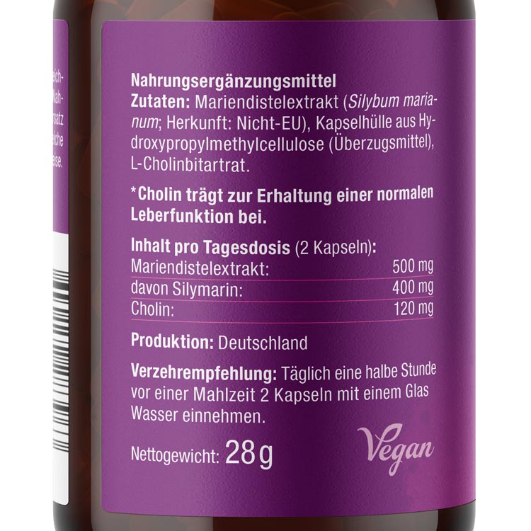 Etikett eines Nahrungsergänzungsmittels mit Mariendistelextrakt, Cholin und veganem Hinweis