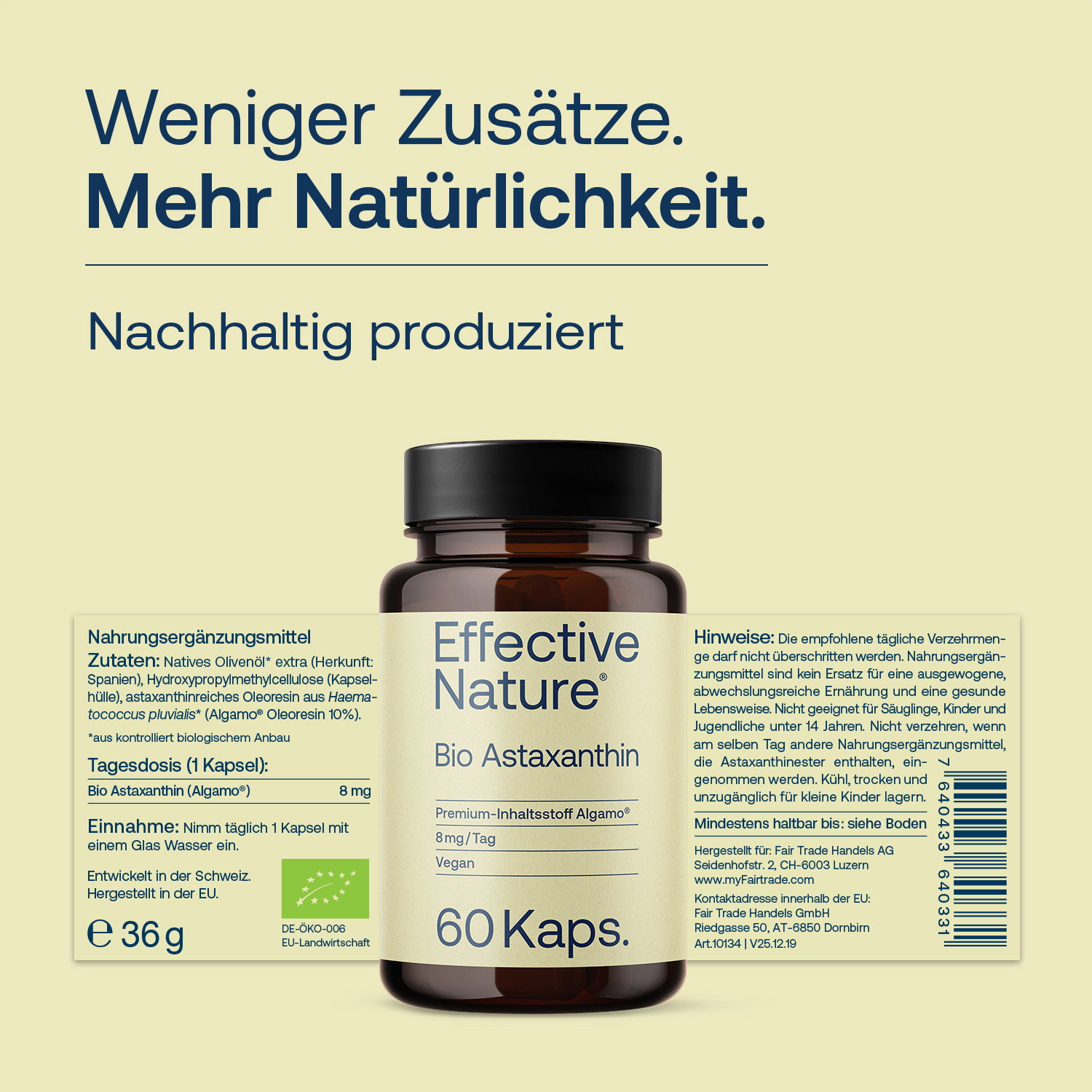 Etikett Vorder- und Rückdseite Bio Astaxanthin Kapseln