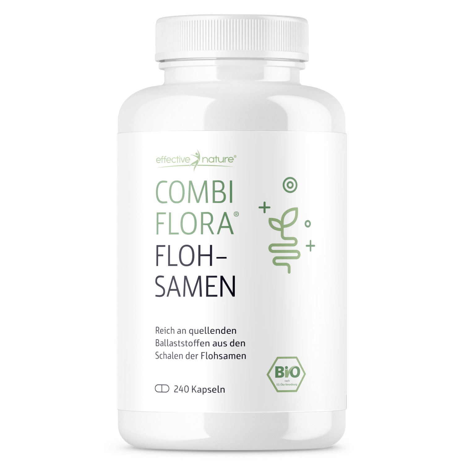 Weiße Flasche Combi Flora Flohsamen Kapseln, reich an quellenden Ballaststoffen, 240 Stück