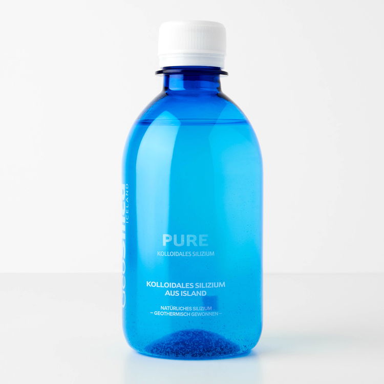 Kolloidales Silizium aus Island in blauer Flasche Blaue Flasche mit kolloidalem Silizium aus Island, geothermisch gewonnen