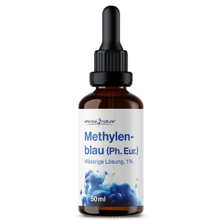 Methylenblau (Ph. Eur.) 50ml - Wässrige Lösung, 1% Braune Flasche mit Pipette, beschriftet mit 'Methylenblau (Ph. Eur.) Wässrige Lösung, 1%'