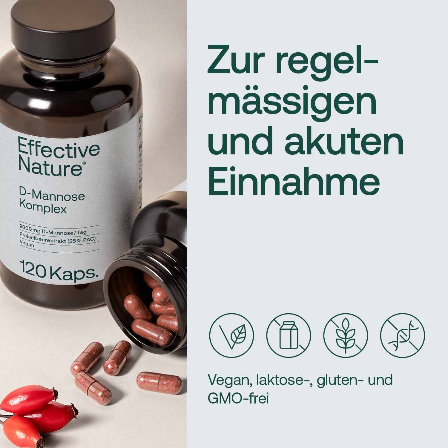 Flasche mit D-Mannose Komplex Kapseln von Effective Nature neben Tabletten auf einer Oberfläche, vegan, laktose-, gluten- und GMO-frei.
