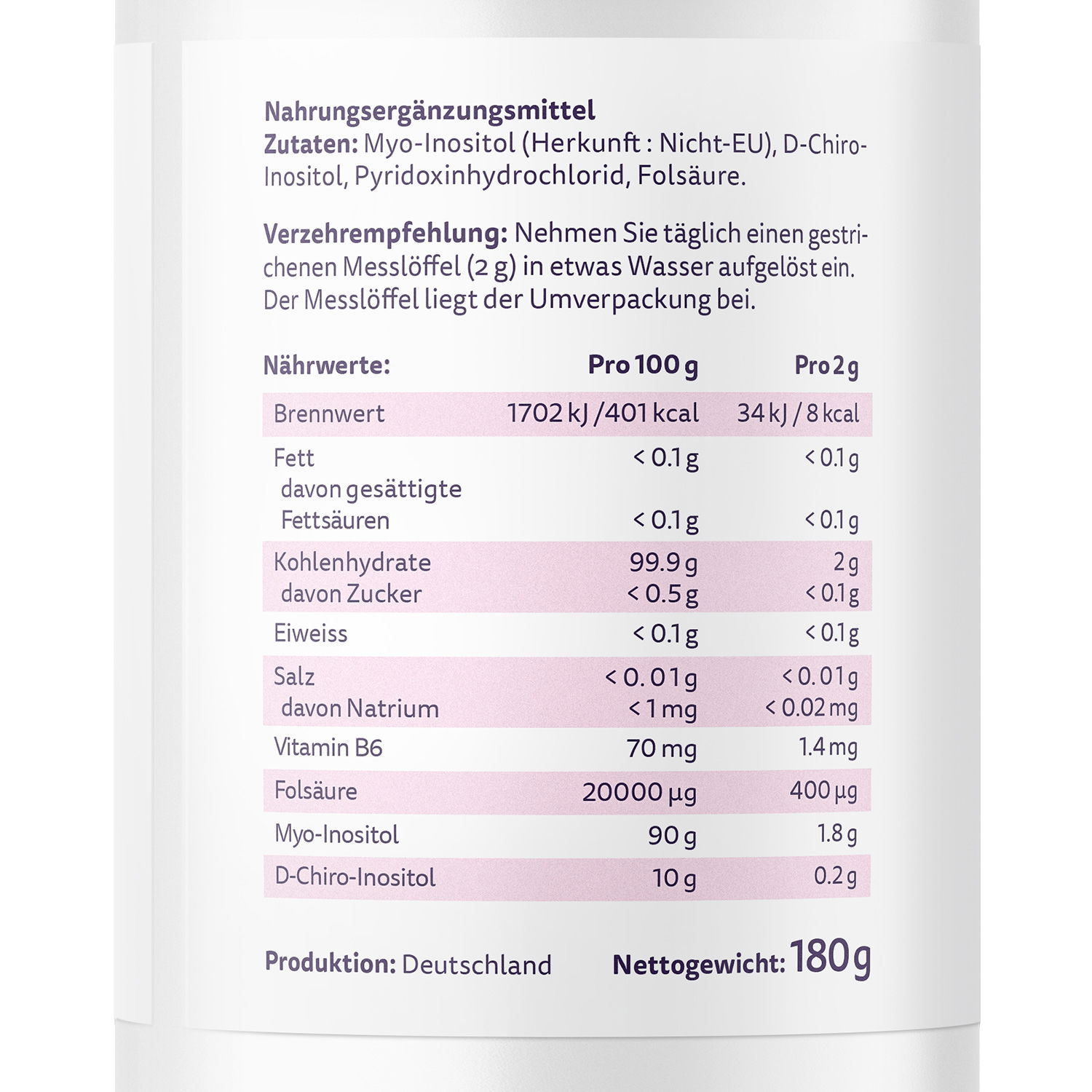 Etikett eines Nahrungsergänzungsmittels mit Nährwertangaben, Myo-Inositol und Folsäure