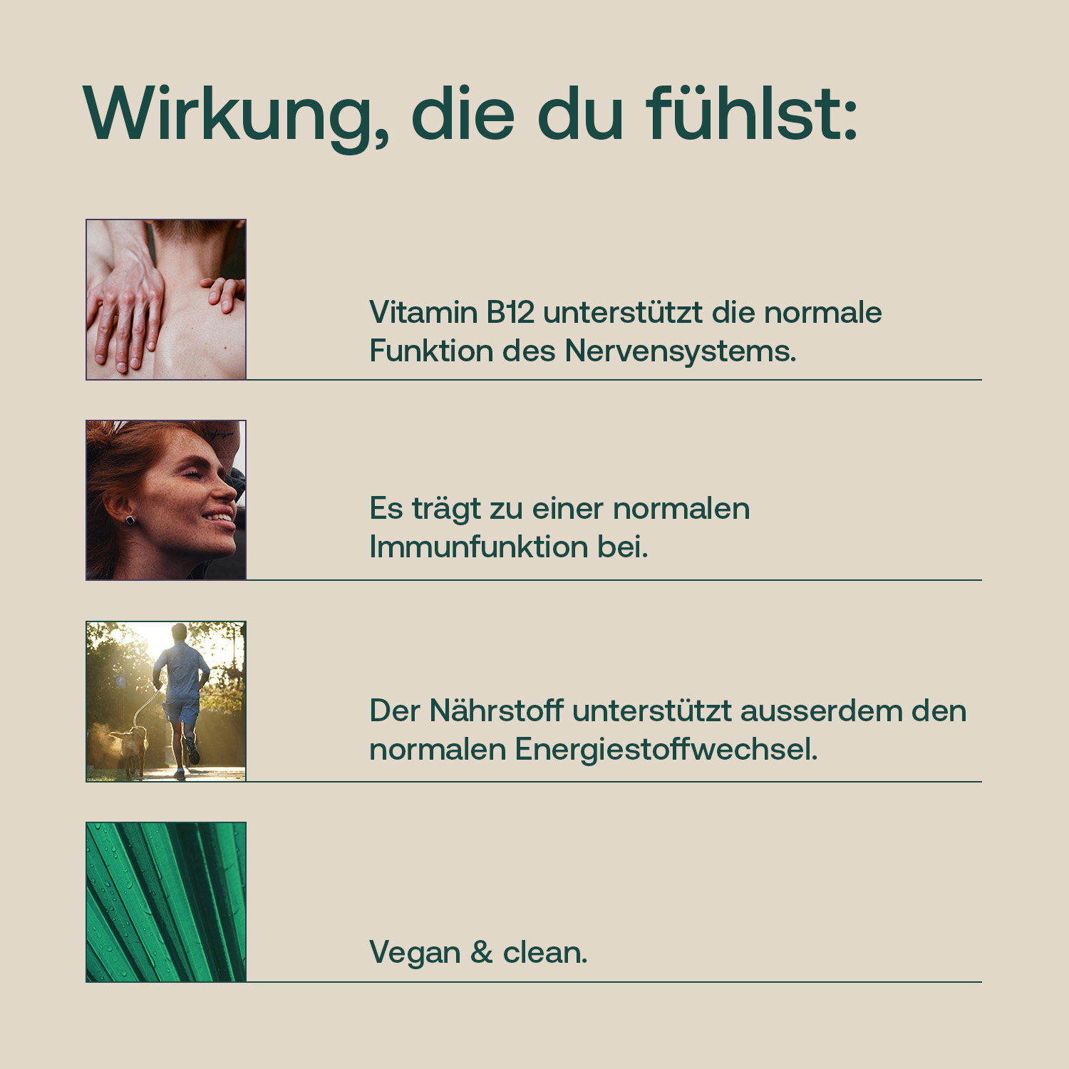 Infografik zu Vitamin B12 Tropfen mit Nervensystem, Immunfunktion, Energiestoffwechsel und veganer Eigenschaft