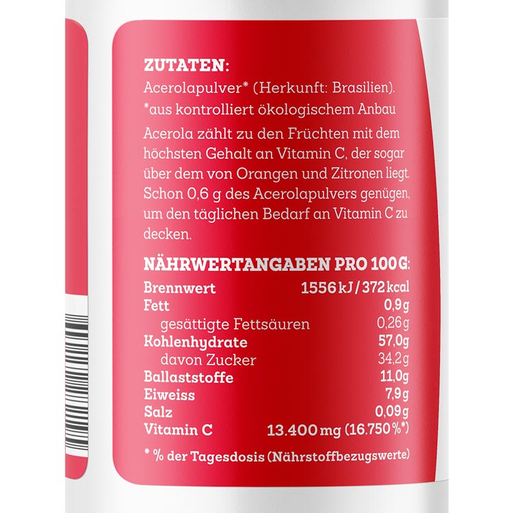 Etikett mit Zutaten und Nährwertangaben von Acerolapulver, Herkunft Brasilien, mit hohem Vitamin C-Gehalt