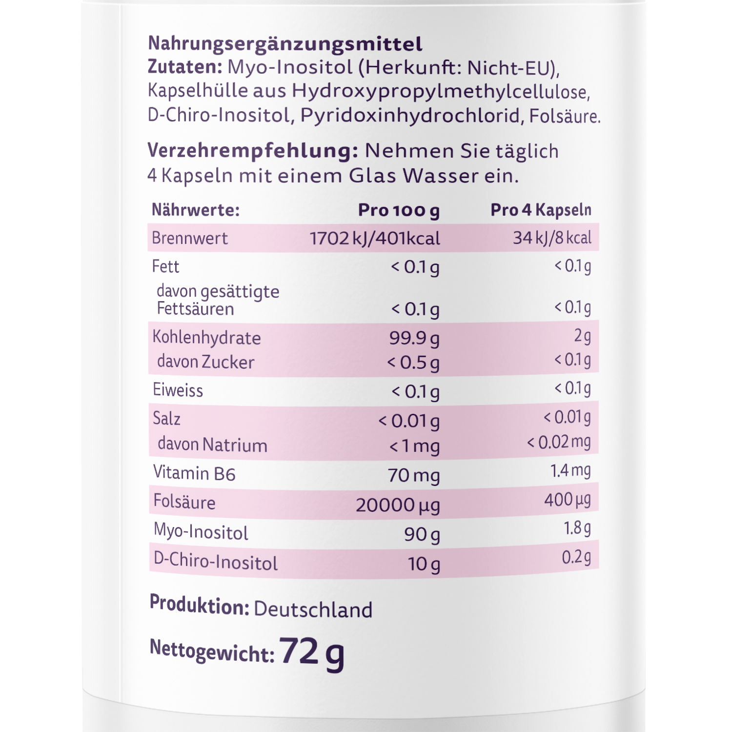 Etikett eines Nahrungsergänzungsmittels mit Myo-Inositol und Vitaminen, hergestellt in Deutschland, 72g