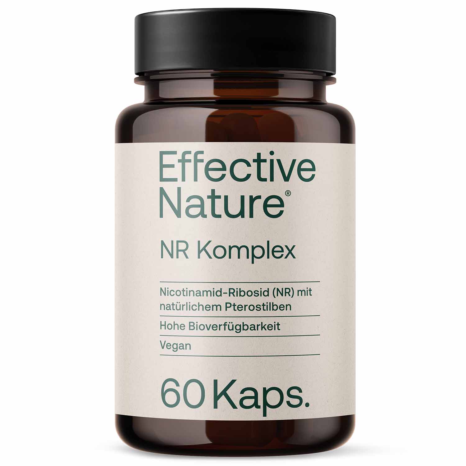 Braunes Glasgefäß von Effective Nature NR Komplex mit Nicotinamid-Ribosid und Pterostilben, vegan, 60 Kapseln