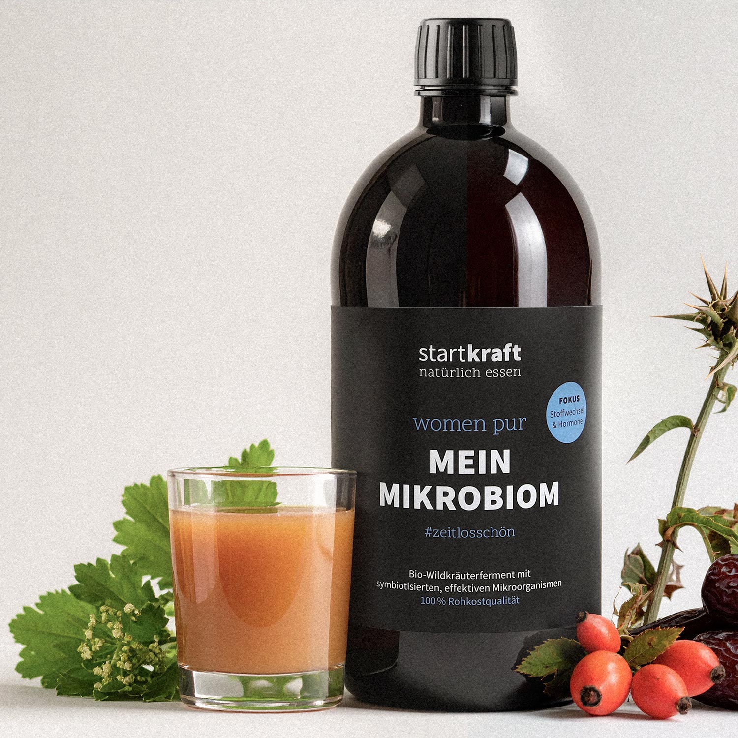 Flasche Startkraft Mein Mikrobiom mit Glas und Heilpflanzen
