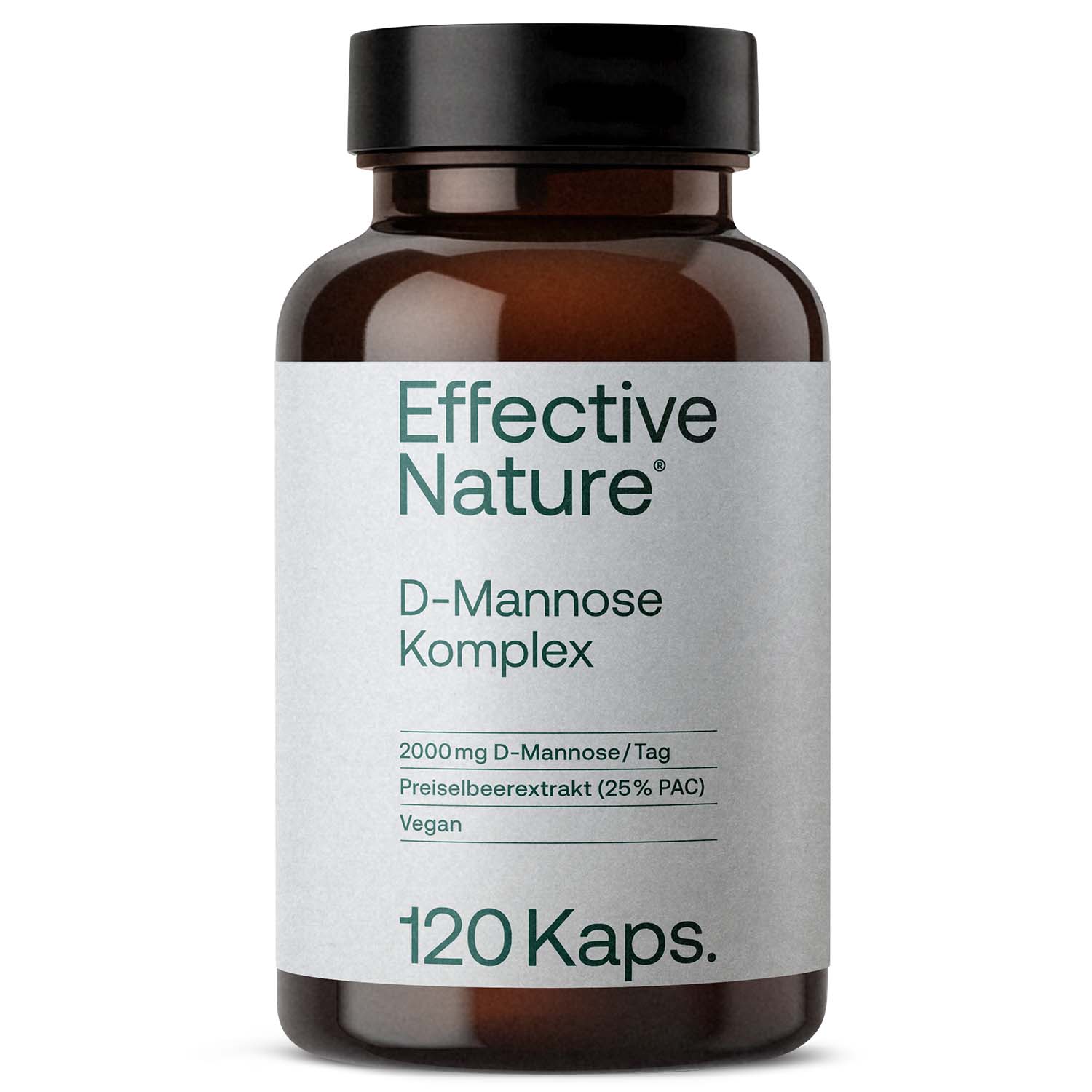 Flasche mit 120 Kapseln D-Mannose Komplex von Effective Nature, vegan mit 2000mg D-Mannose pro Tag und Preiselbeerextrakt.