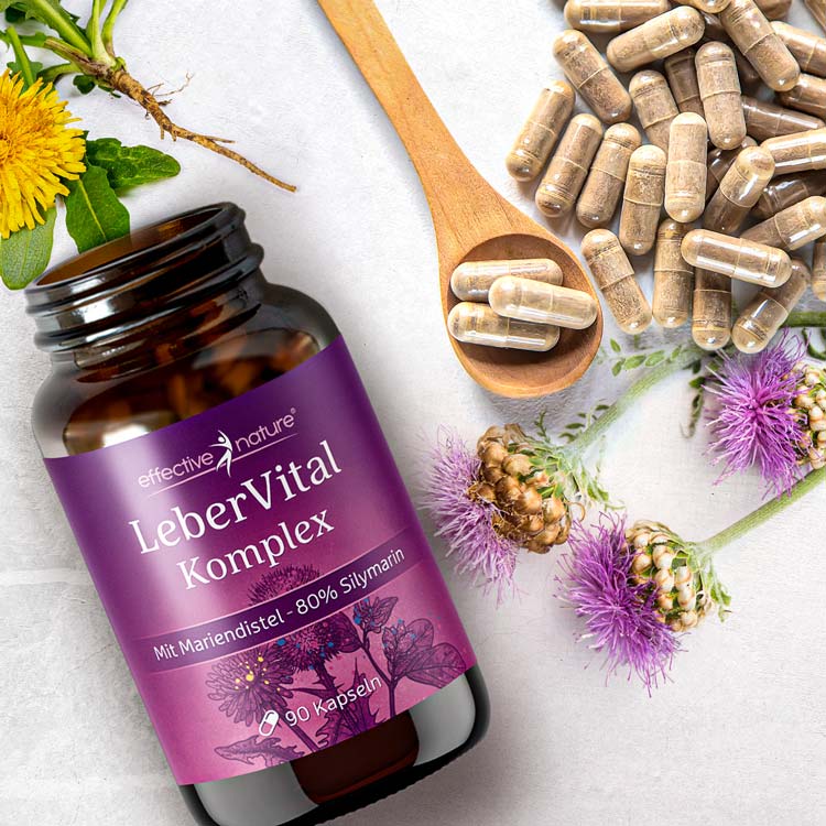 Flasche LeberVital Komplex und Kapseln mit Mariendistel-Abbildung