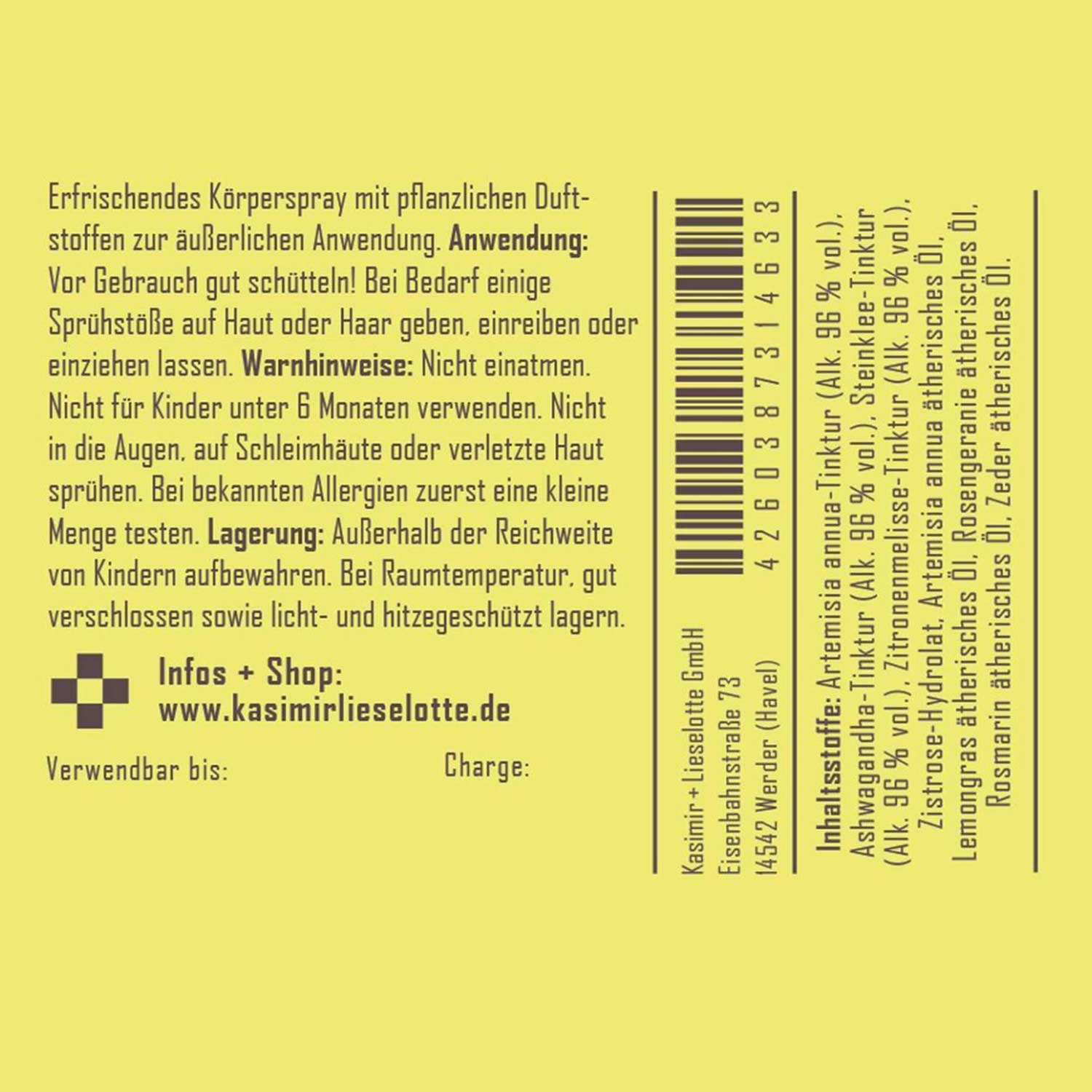 Gelbes Etikett eines Körpersprays mit Anwendungshinweisen, Warnungen und Inhaltsstoffen
