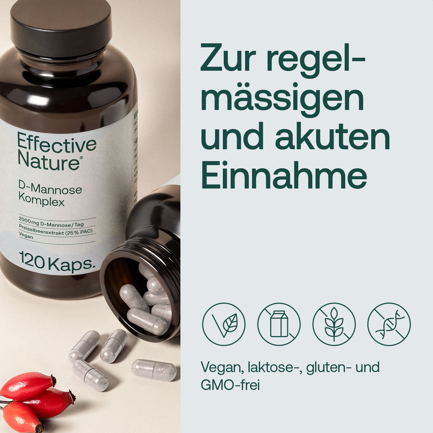 Verpackung von Effective Nature D-Mannose Komplex mit 120 veganen, laktose-, gluten- und GMO-freien Kapseln, ideal für regelmäßige und akute Einnahme