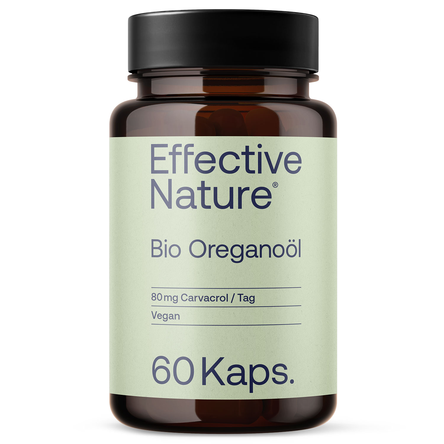Eine braune Flasche mit dem Etikett 'Effective Nature Bio Oreganoöl', 80 mg Carvacrol pro Tag, vegan, 60 Kapseln.
