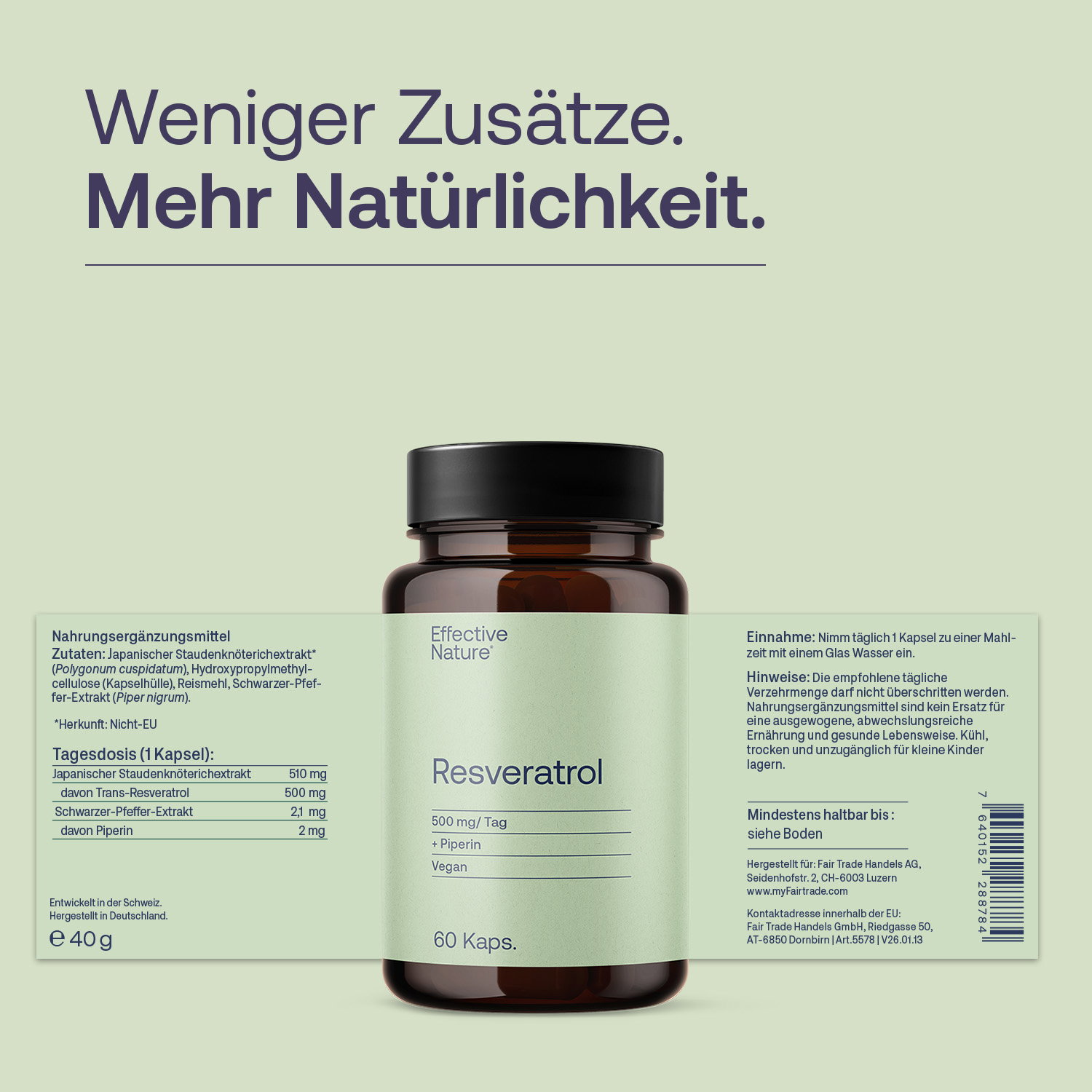 Etikett Vor- und Rückseite Resveratrol von Effective Nature