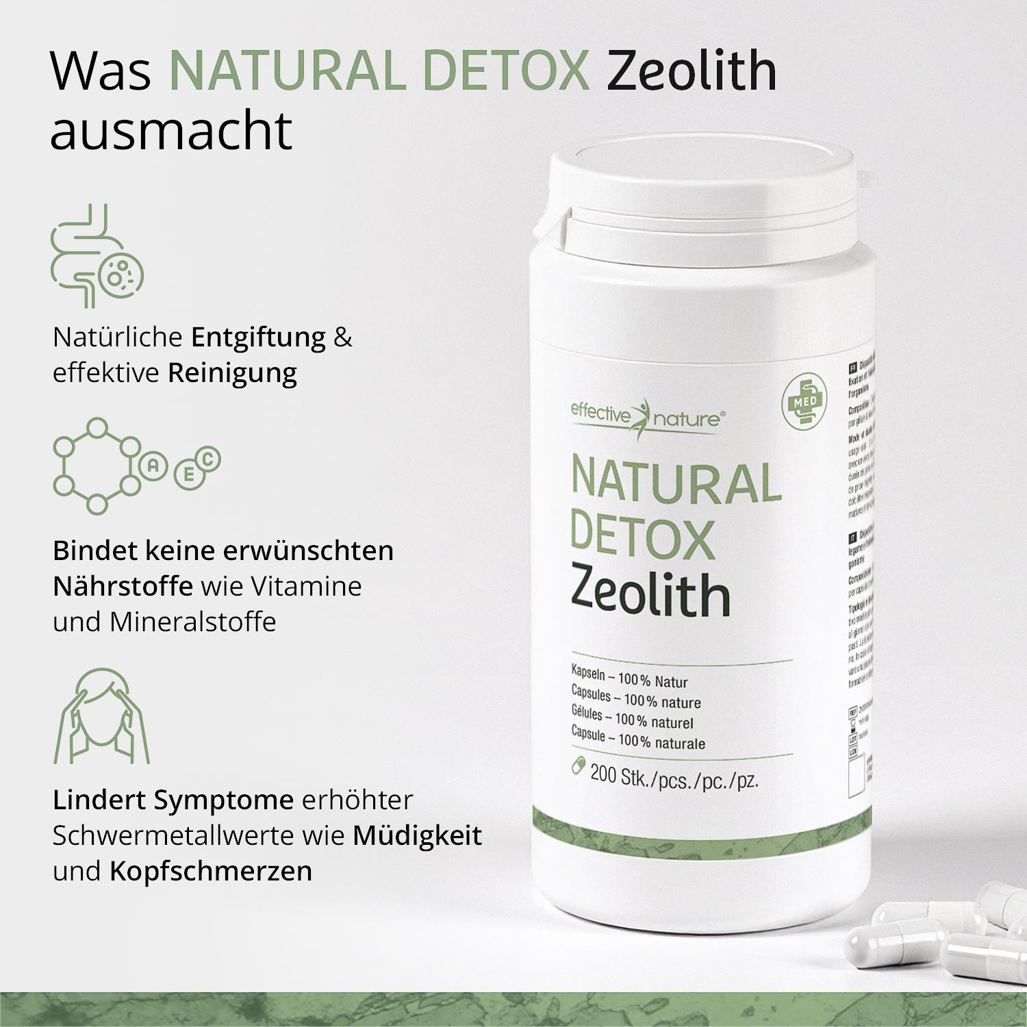 Verpackung von Natural Detox Zeolith Kapseln, fördert natürliche Entgiftung und effektive Reinigung, bindet keine Nährstoffe, lindert Schwermetallsymptome