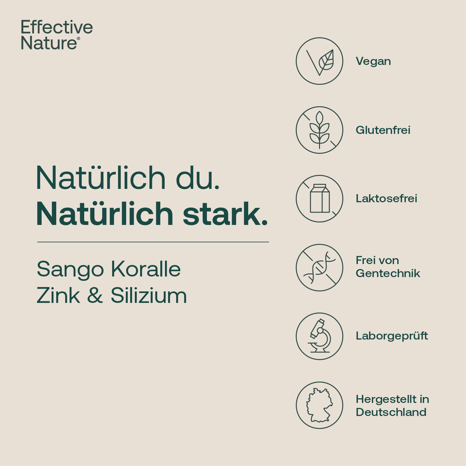 Sango Koralle Zink & Silizium Claimgrafik mit vegan, glutenfrei, laktosefrei, gentechnikfrei, laborgeprüft, hergestellt in Deutschland