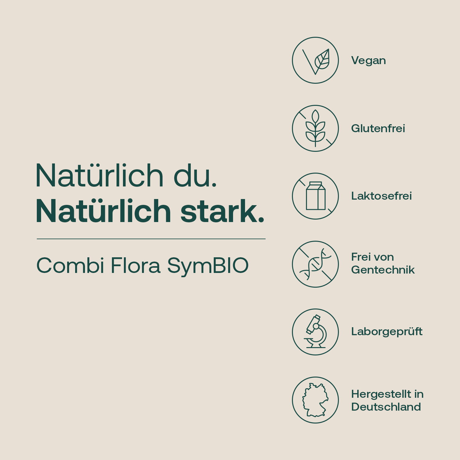 Combi Flora SymBIO Claimgrafik mit vegan, glutenfrei, laktosefrei, gentechnikfrei, laborgeprüft, hergestellt in Deutschland