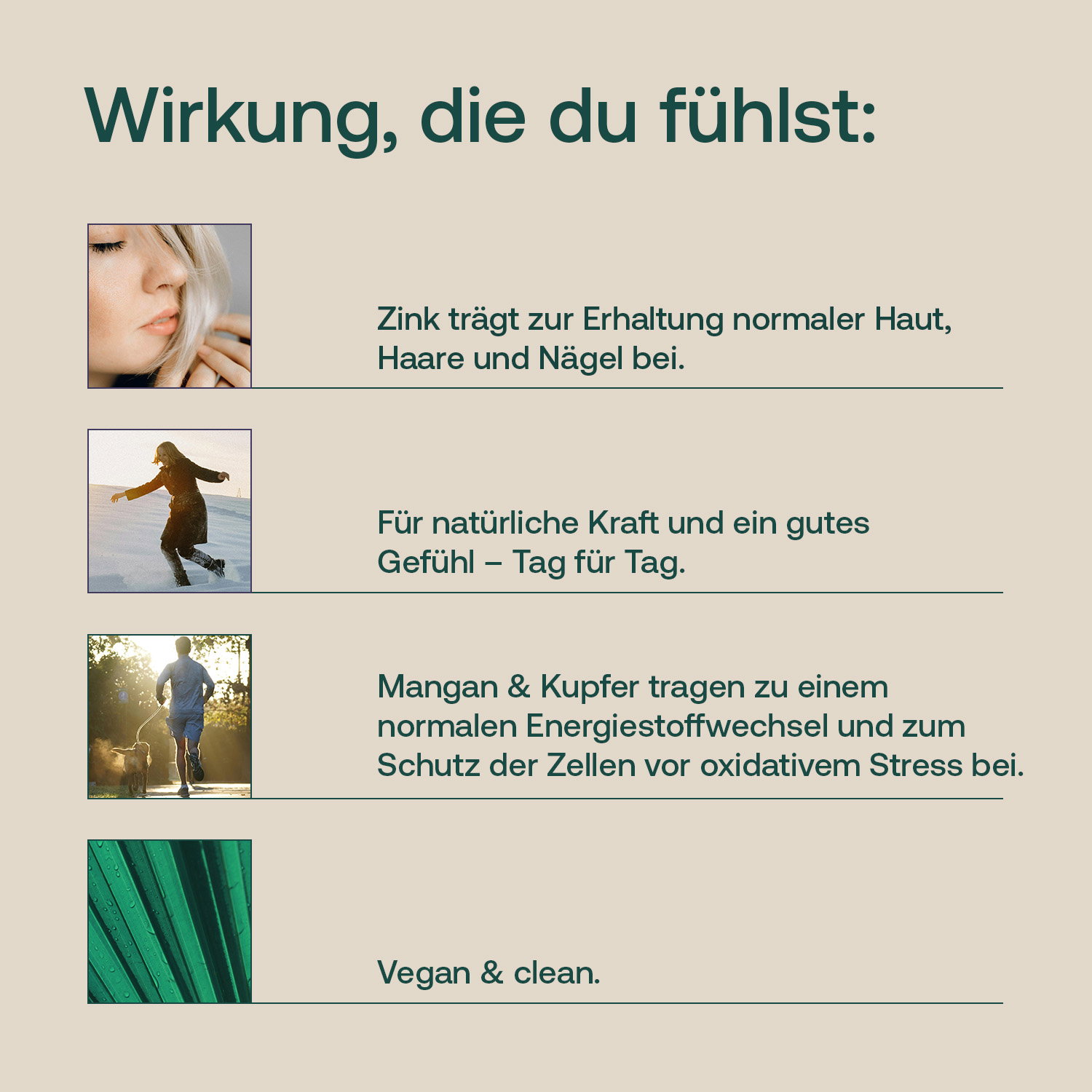 Zink Komplex mit Hinweisen zu Haut, Energie, Zellschutz sowie veganer Zusammensetzung