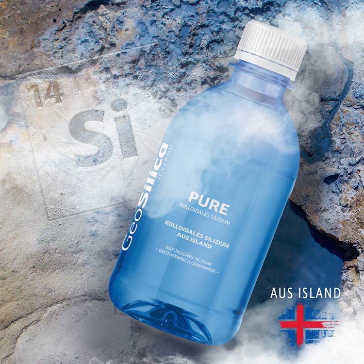 Flasche GeoSilica Pure kolloidales Silizium vor einer felsigen Hintergrundkulisse mit isländischer Flagge