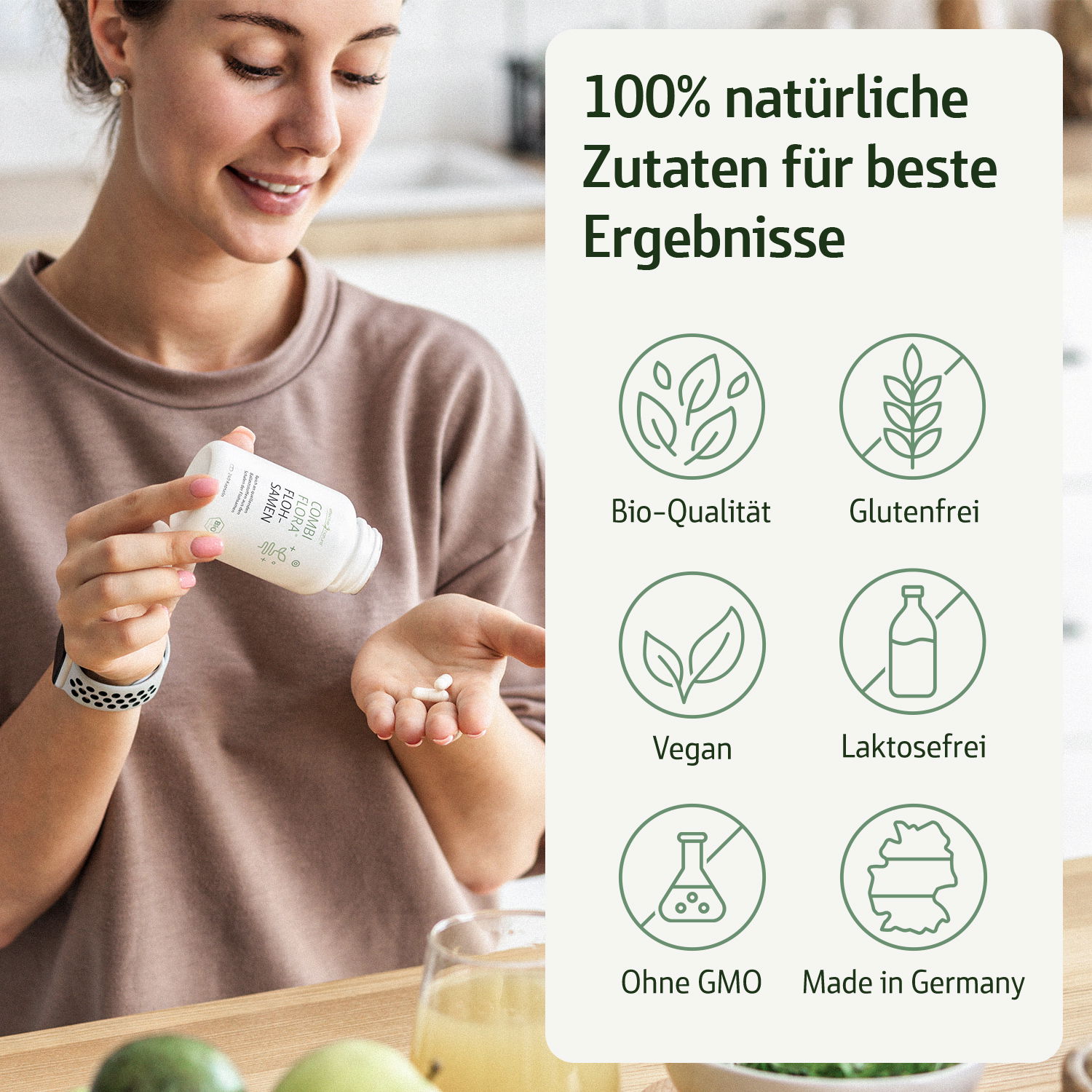 Frau hält eine Dose Nahrungsergänzungsmittel mit natürlichen Zutaten, Bio-Qualität, vegan, gluten- und laktosefrei, ohne GMO, hergestellt in Deutschland