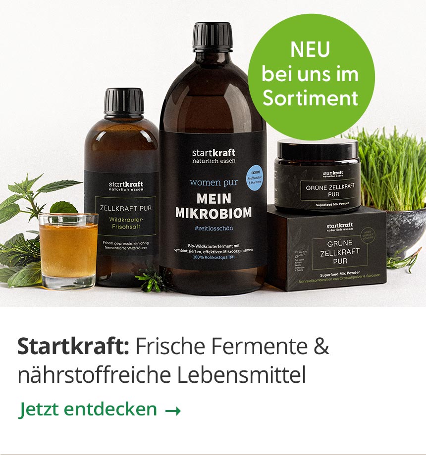 Produkte von Startkraft: Zellkraft Pur Frischsaft, Mein Mikrobiom, Grüne Zellkraft Pulver. Neu im Sortiment.