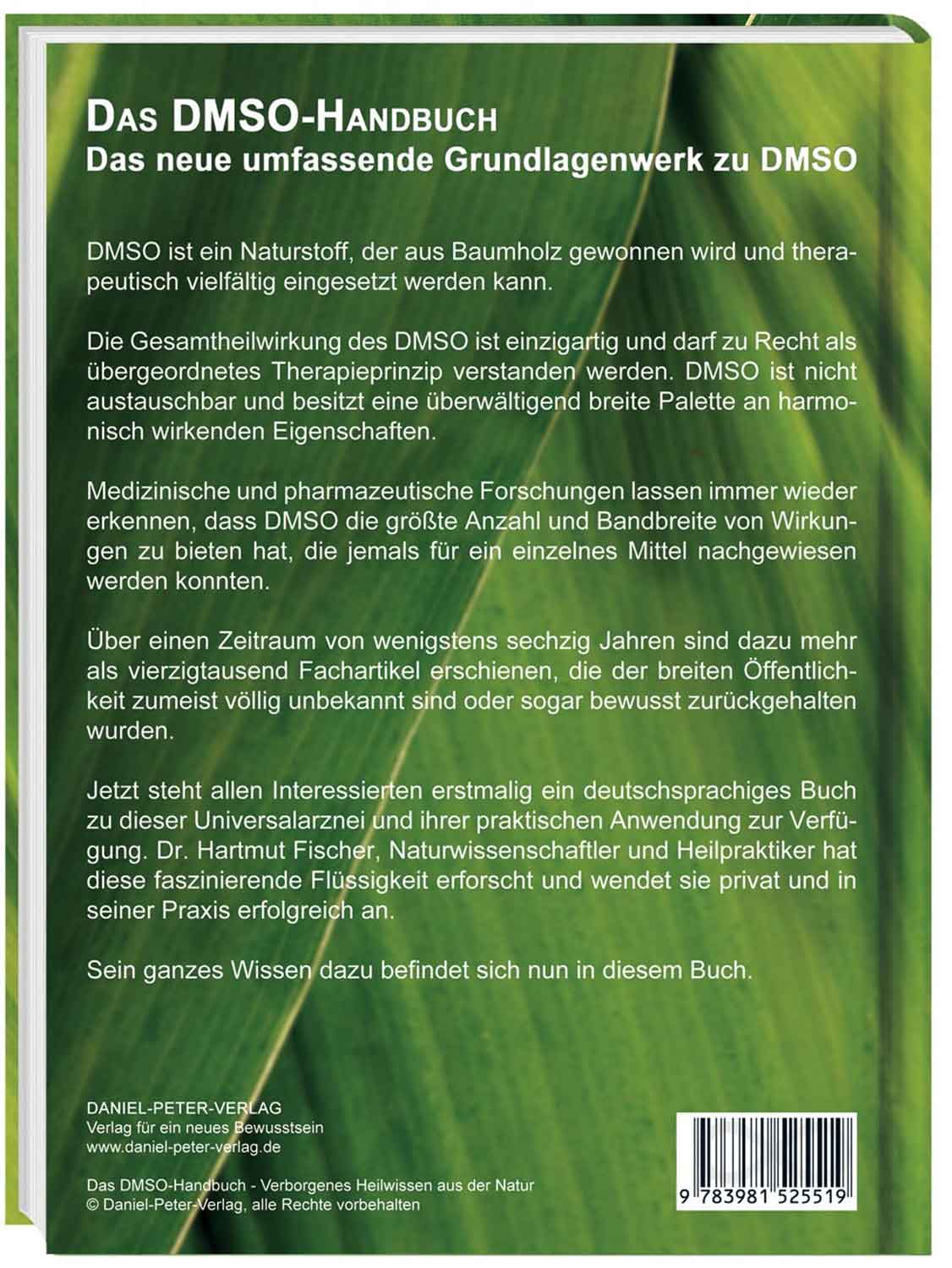 Buchcover von 'Das DMSO-Handbuch' mit grüner Blätteroptik, das Informationen über DMSO als Naturstoff bietet. Veröffentlicht vom Daniel-Peter-Verlag.