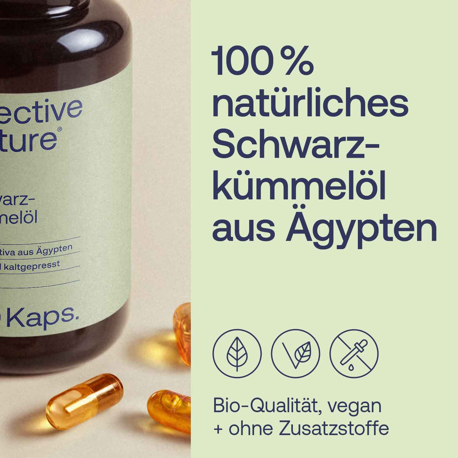 Flasche mit Schwarzkümmelöl-Kapseln und Text über 100% natürliches Schwarzkümmelöl aus Ägypten, bio, vegan, ohne Zusatzstoffe