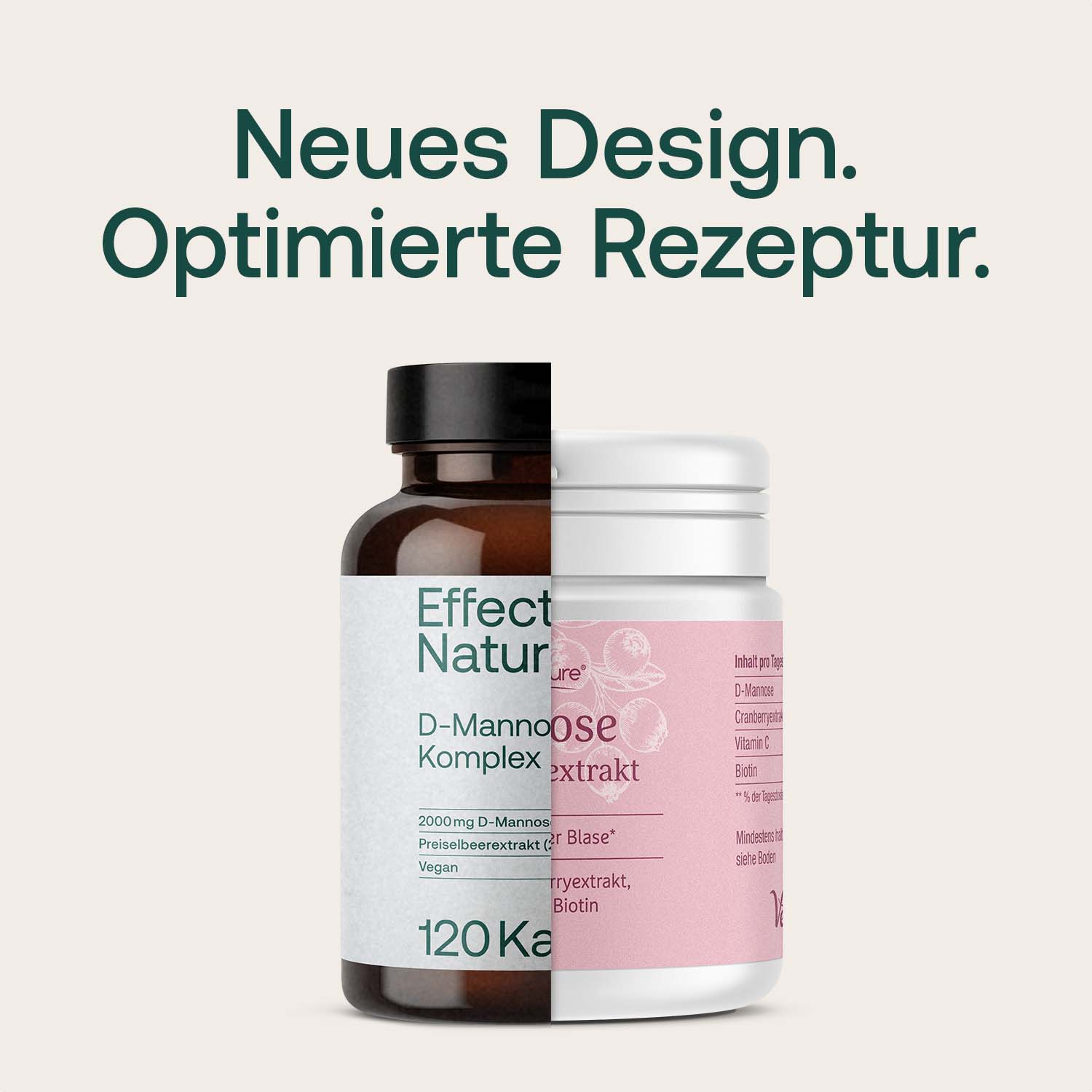 Zwei Nahrungsergänzungsmittel-Dosen mit der Aufschrift 'Neues Design. Optimierte Rezeptur.' für D-Mannose Komplex