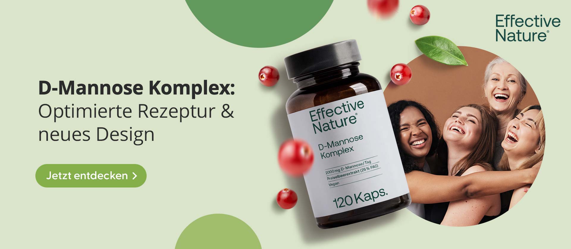 Abbildung einer D-Mannose Komplex Flasche von Effective Nature mit lachenden Frauen im Hintergrund und Preiselbeeren