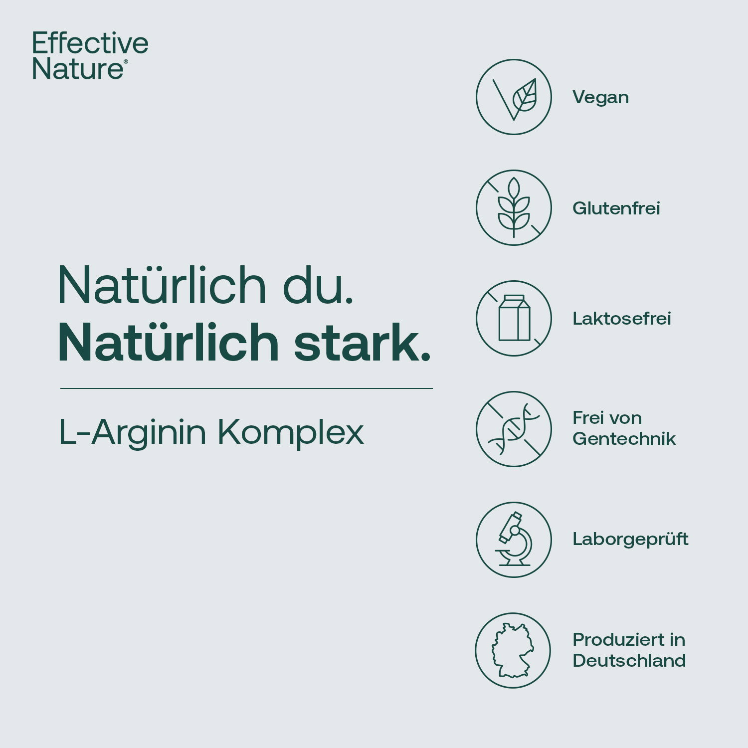 L-Arginin mit Icons zu vegan, glutenfrei, laktosefrei, gentechnikfrei und laborgeprüft