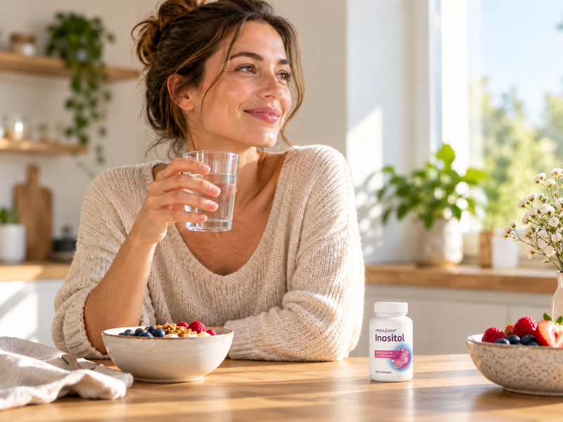 Frau trinkt am Frühstückstisch ein Glas Wasser, daneben eine Dose Inositol Tabletten