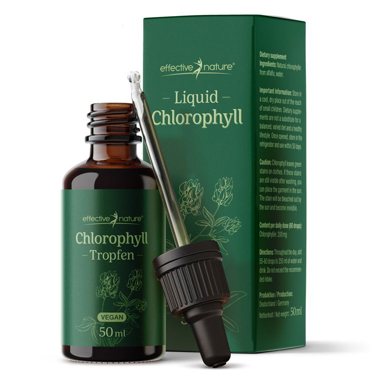 Flasche und Verpackung von Chlorophyll Tropfen 50ml, vegan und flüssig