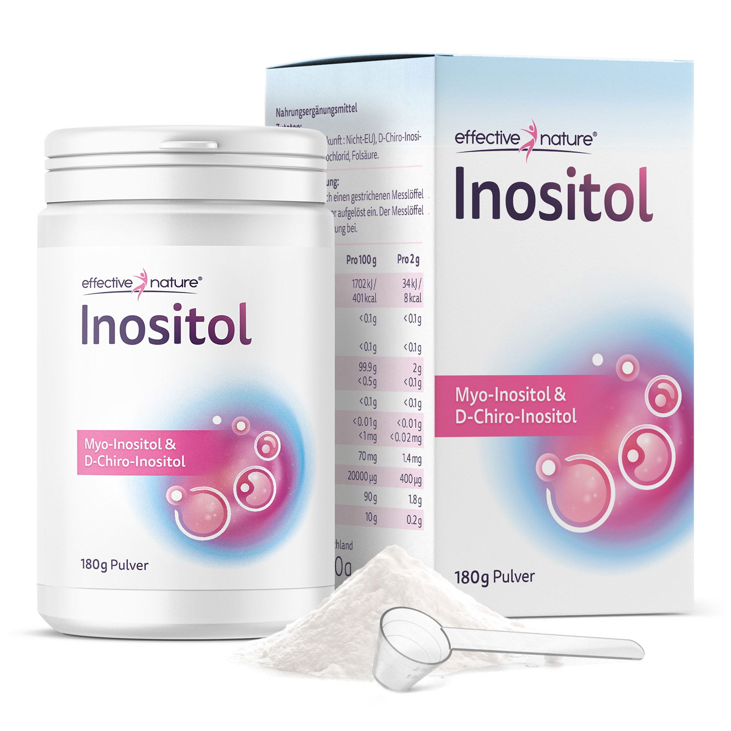 Verpackung und Dose von effective nature Inositol Pulver mit 180g Inhalt, inkl. Dosierlöffel