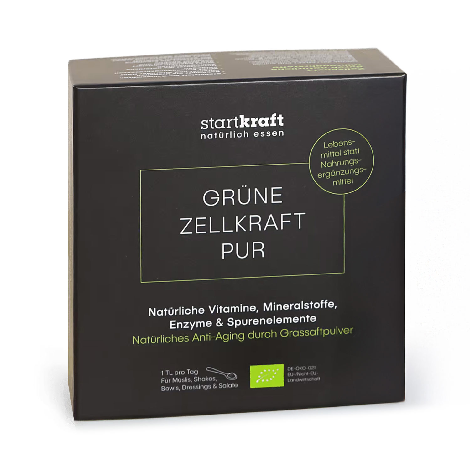 Produktverpackung von Grüne Zellkraft Pur mit natürlichen Vitaminen, Mineralstoffen und Enzymen