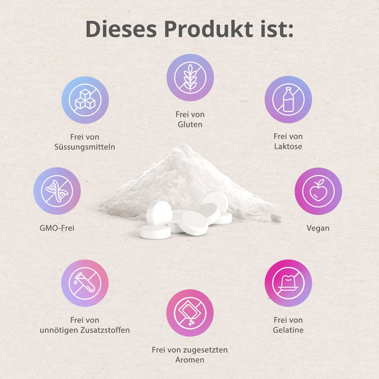 Diese Produkt ist vegan, frei von Gelantine, frei von zugesetzten Aromen, frei von unnötigen Zusatzstoffen, GMO-frei, frei von Süssungsmitteln, frei von Gluten, Frei von Laktose