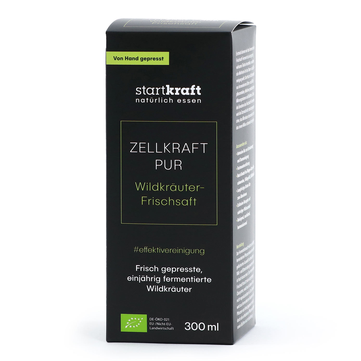 Verpackung des Zellkraft Pur Wildkräuter-Frischsafts mit 300 ml Inhalt, hergestellt aus frisch gepressten, einjährig fermentierten Wildkräutern.