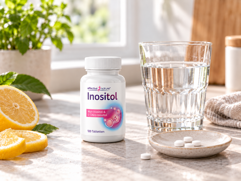 Dose Inositol Tabletten mit einem Glas Wasser und Tabletten auf einem Teller