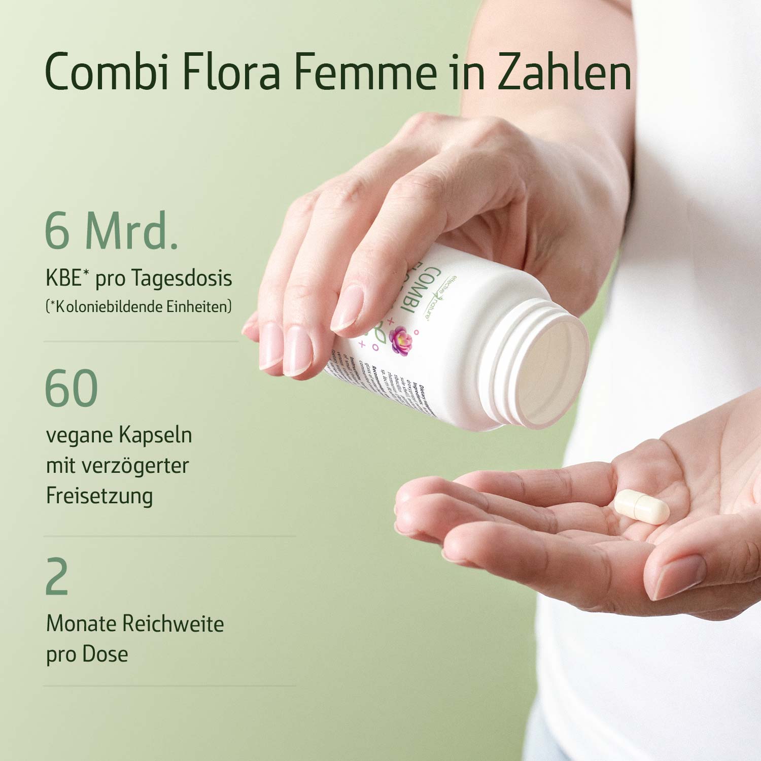 Nahaufnahme einer Hand, die eine vegane Kapsel aus einer Combi Flora Femme Dose entnimmt. Produktinformationen im Hintergrund.