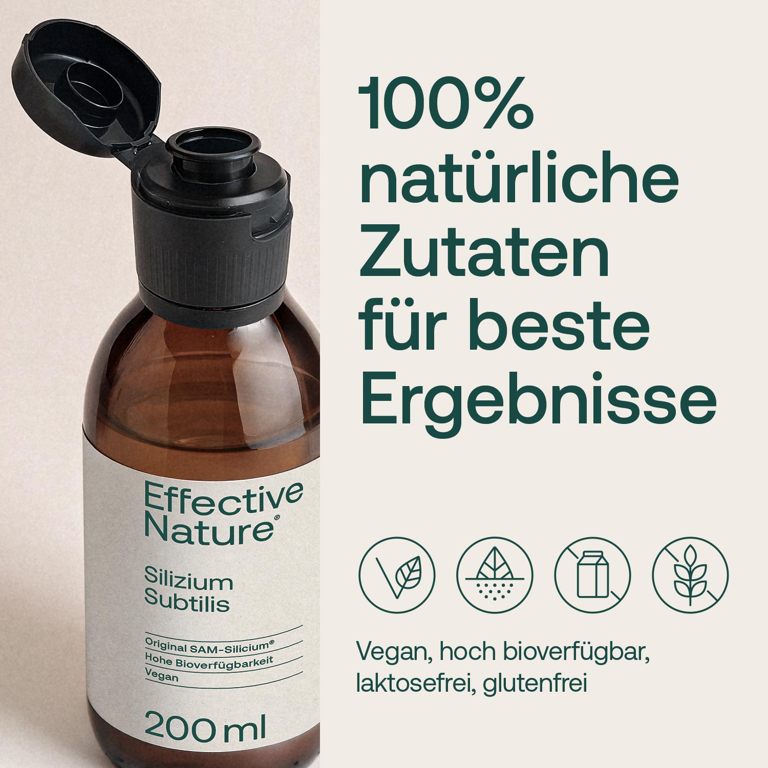 Flasche Effective Nature Silizium Subtilis 200 ml mit Text '100% natürliche Zutaten für beste Ergebnisse', vegan, hoch bioverfügbar, laktosefrei, glutenfrei