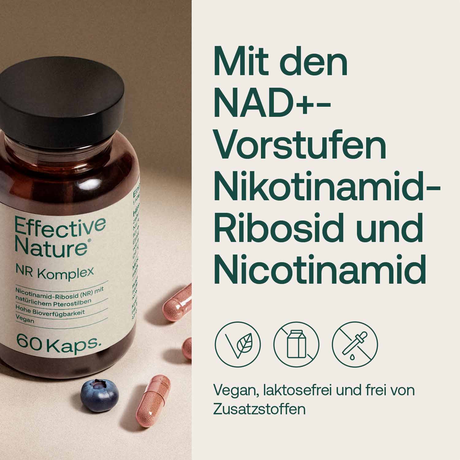 Flasche mit 60 Kapseln NR Komplex von Effective Nature, enthält Nikotinamid-Ribosid, vegan und laktosefrei.